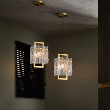 Geometric 1-Light Pendant Lighting with Water-ripple Glass Shades & Brass Finish
